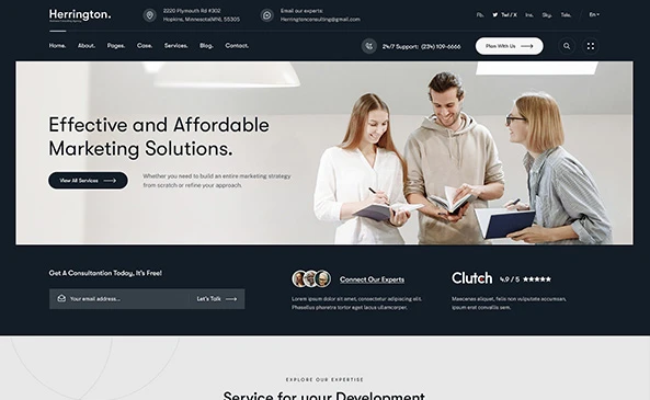 Homepage layout of a corporate website featuring three individuals discussing marketing strategies.