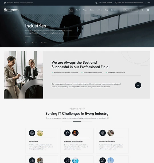 Screenshot of the Herrington Industries webpage featuring various industry sectors and services offered.