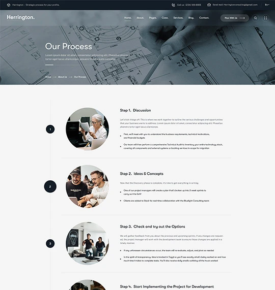 Visual representation of a project development process with four steps outlined in a structured format.