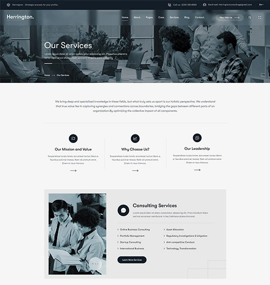 Screenshot of a corporate website section detailing services offered by Herrington.