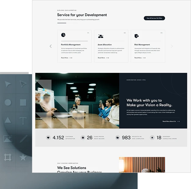 A corporate website design layout featuring sections for portfolio management and asset allocation.