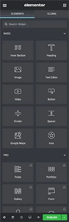 Screenshot of the Elementor interface showing basic and pro widgets for website design.