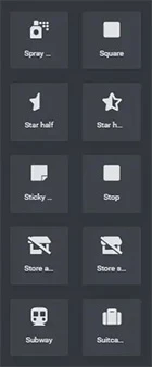 A collection of user interface icons including spray, square, star, and suitcase designs.