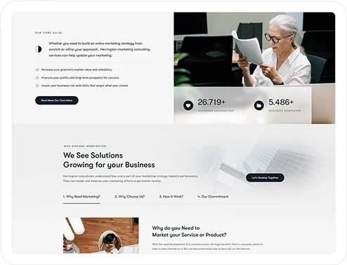 Website layout featuring sections for consulting services, statistics, and client testimonials.