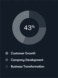 Circular progress chart displaying 43% completion with labels for customer growth, company development, and business transformation.