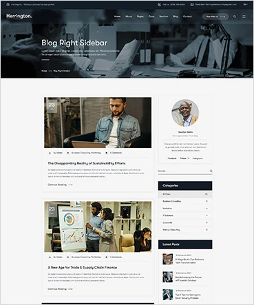 Webpage layout featuring a blog sidebar with articles and author information.
