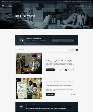 A website layout displaying a blog section with articles and a newsletter subscription option.