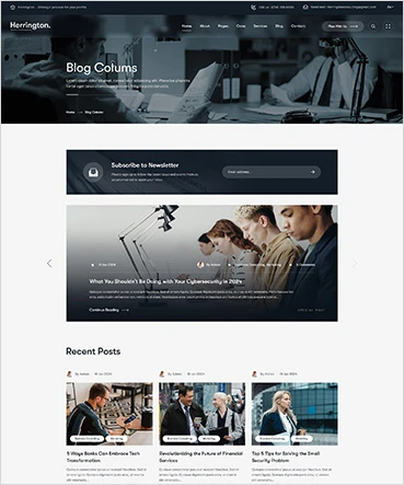 Website layout featuring blog columns, a newsletter subscription section, and recent posts.