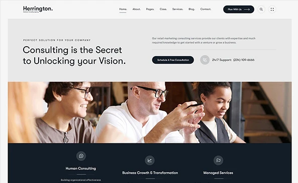 Website layout for a consulting services company featuring a team discussing strategies.