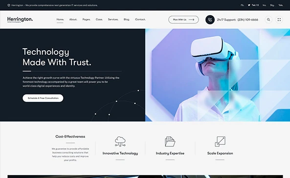 Website homepage for Herrington Technology featuring a virtual reality headset and modern design elements.