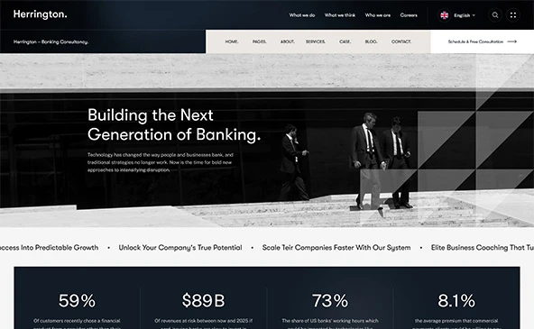 Screenshot of the Herrington Banking Consultancy website featuring a modern design and text about banking services.