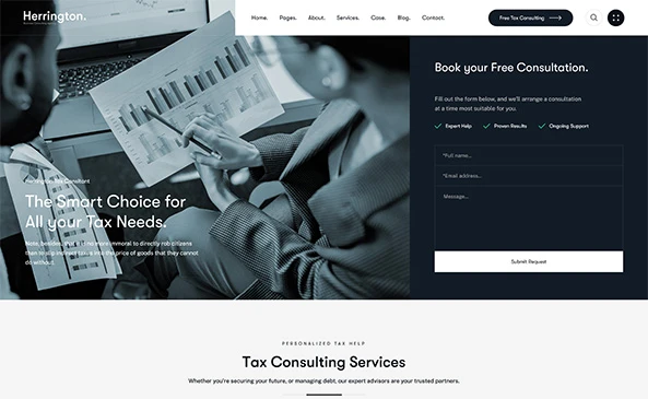 Screenshot of a tax consulting services website with consultation booking form.
