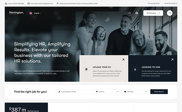Screenshot of the Herrington HR Solutions homepage featuring a team of professionals.