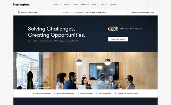 Screenshot of a startup consulting company's website featuring a team in a meeting and a navigation menu.