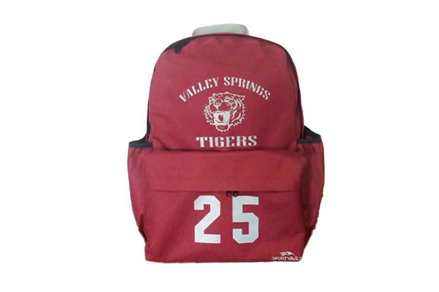 Red backpack with 'Valley Springs Tigers' printed on the front and the number 25.